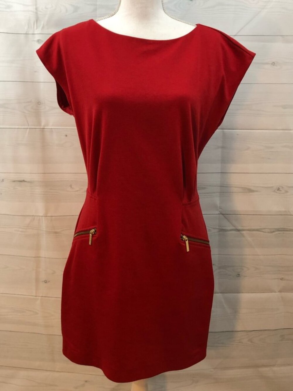MICHAEL Michael Kors Red Cap Sleeve Gold Zip Pocket Sheath Dress 14
